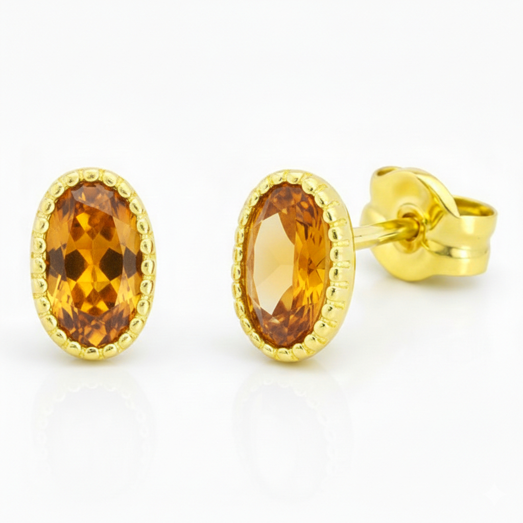 6x4MM OVAL CITRINE COLOR STUD EARRINGS.9 KARAT