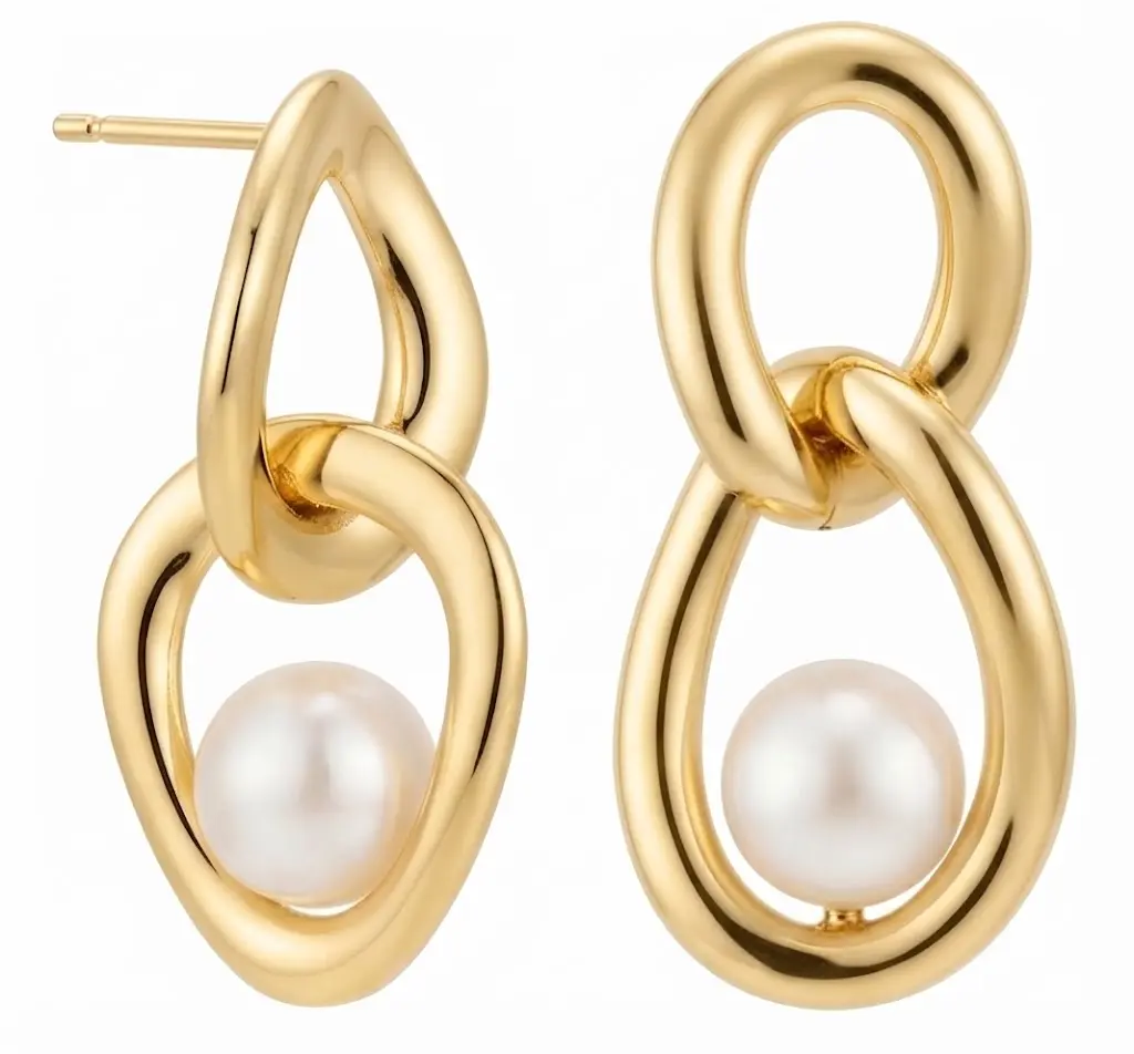 30x15MM DANGLING EARRINGS WITH 7MM FRESHWATER PEARL.9 KARAT
