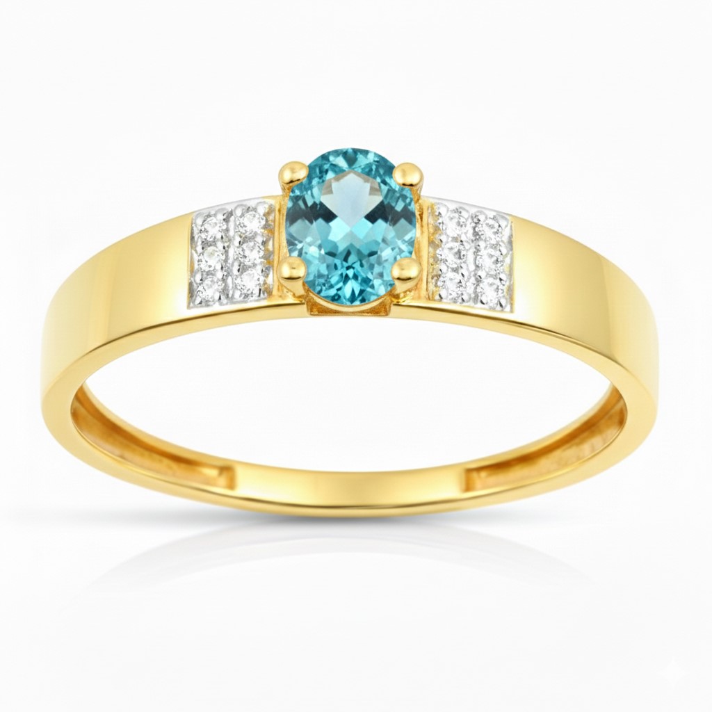 5x4MM AQUAMARINE COLOR CZ TWO TONE GOLD RING.9 KARAT