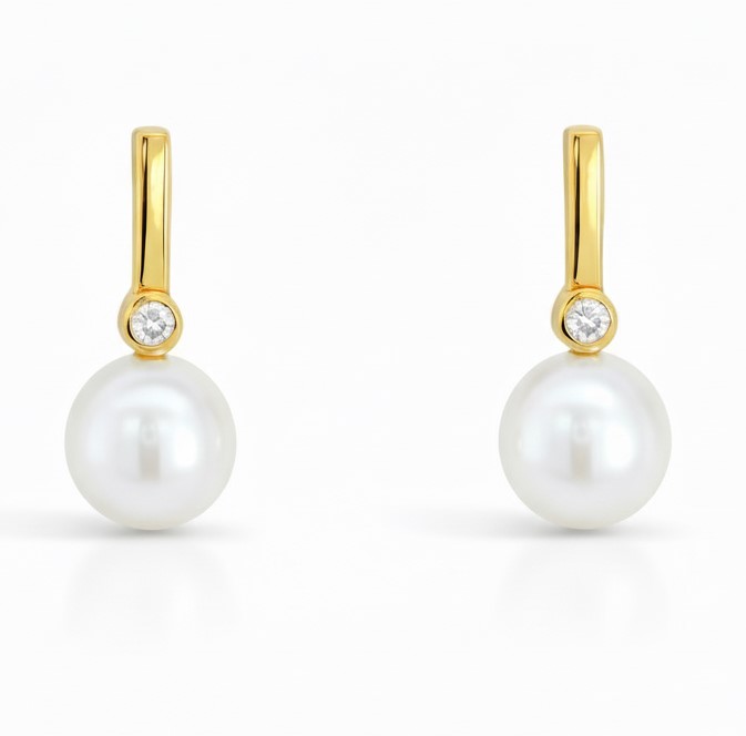 PENDIENTES CIRCONITAS Y PERLA CULTIVADA DE 6MM.9 KILATES