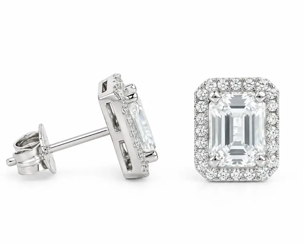 7x5MM(2.2 CT TW) WHITE SAPPHIRE  STUD EARRINGS WITH H-SI DIAMONDS(0.28 CT TW)