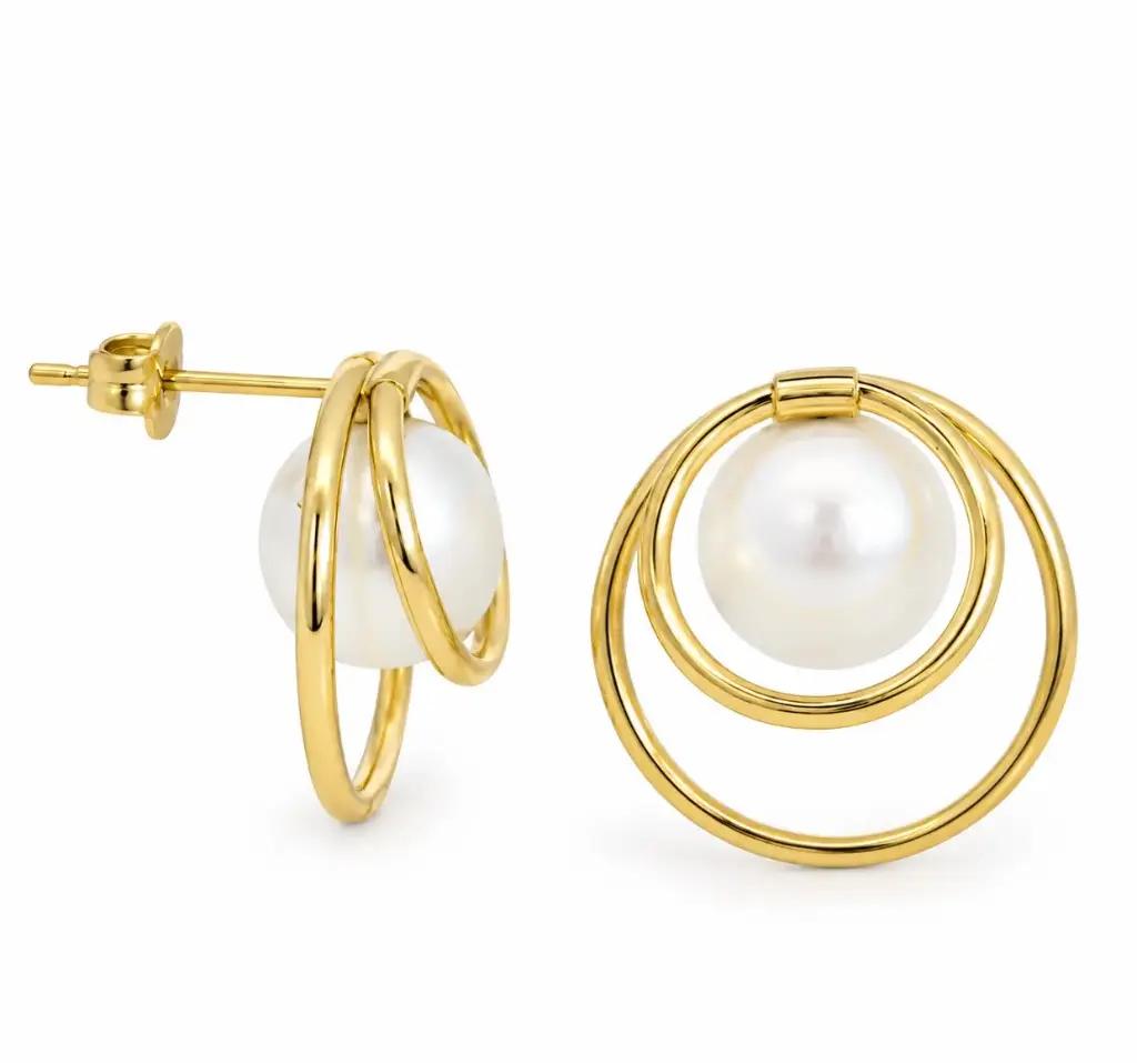 PENDIENTES DOBLE CIRCULO 16MM CON PERLA BOTON DE 8MM
