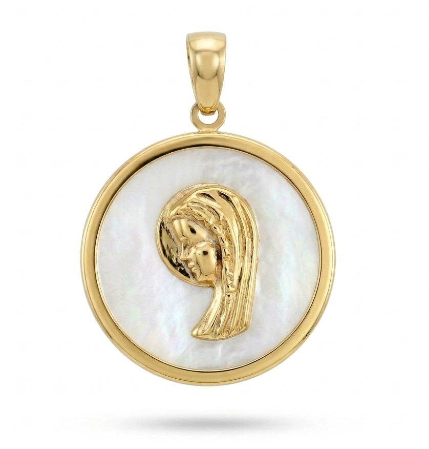 MEDALLA VIRGEN NIÑA REDONDA  CON NACAR ,16 MM.9KILATES