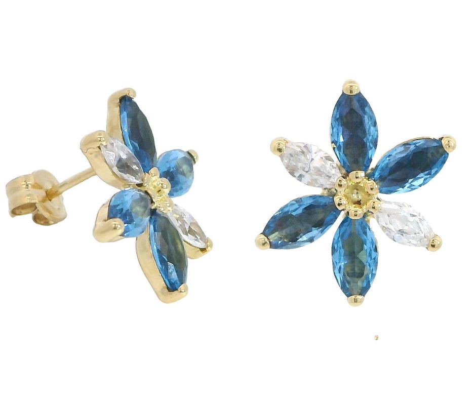 AQUAMARINE COLOR AND WHITE CZ FLOWER EARRINGS.