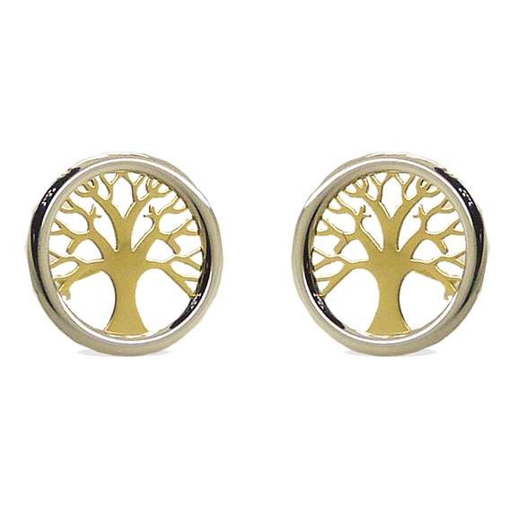 8MM TWO TONE GOLD TREE OF LIFE STUD EARRINGS.