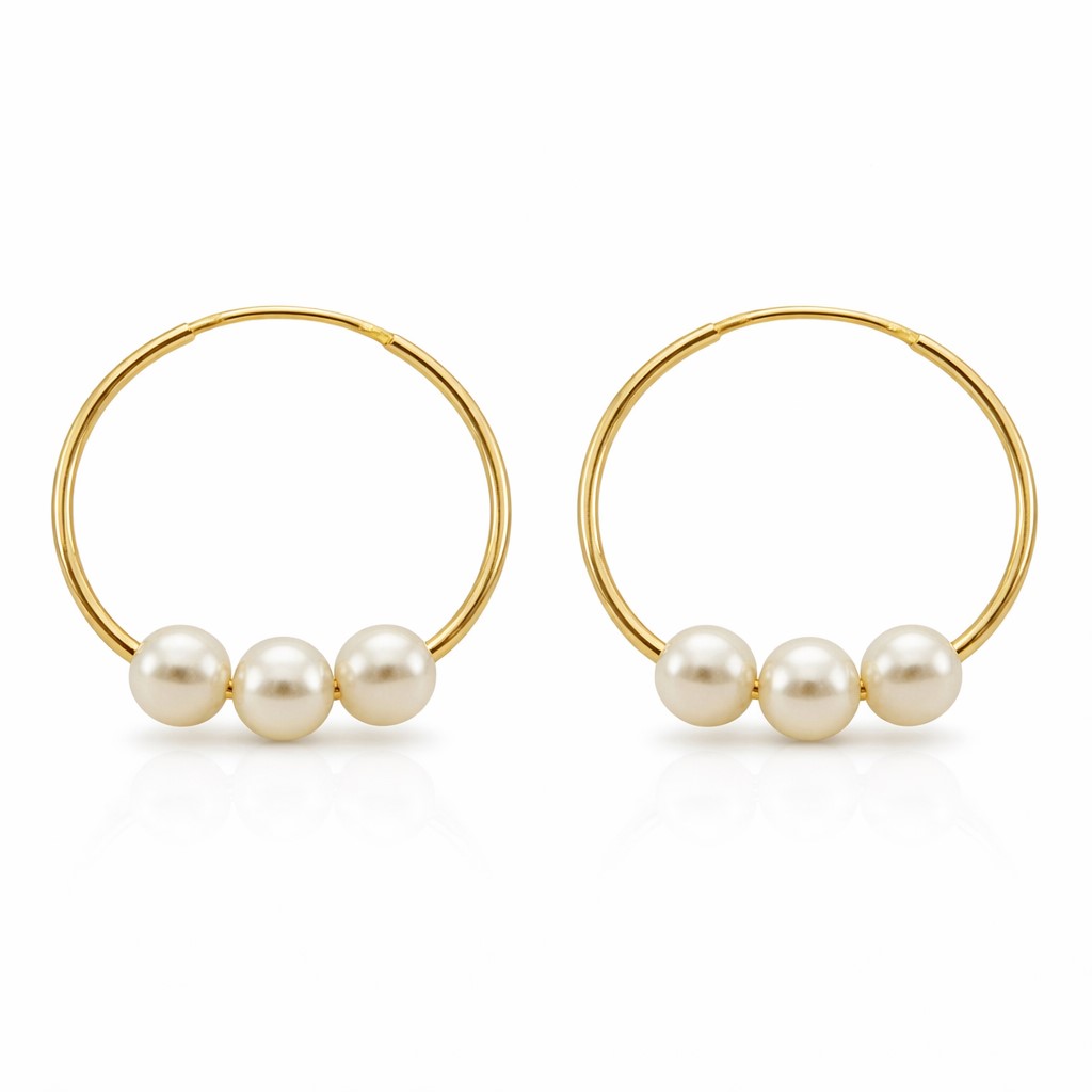 14x1MM ROUND TUBE HOOP EARRINGS WITH THREE PEARLS.