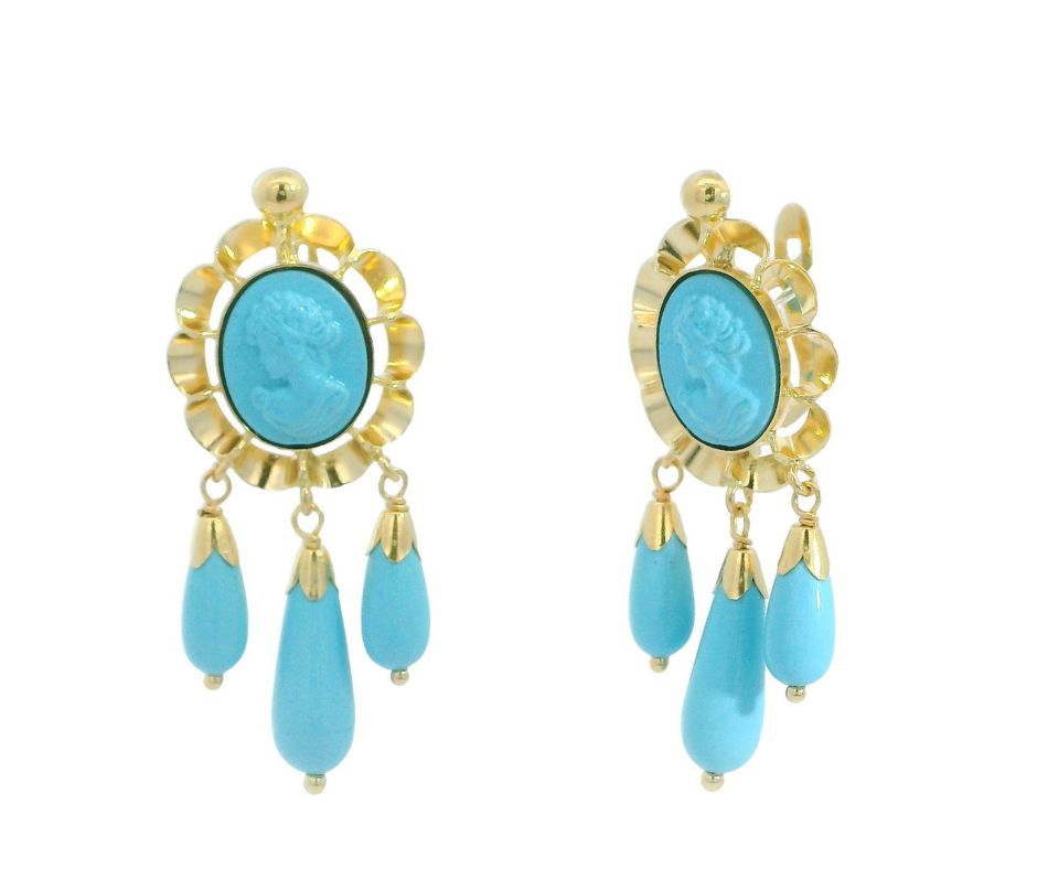 PENDIENTES ARQUILLO 8x6MM 3 PERITAS COLOR TURQUESA .CATALAN