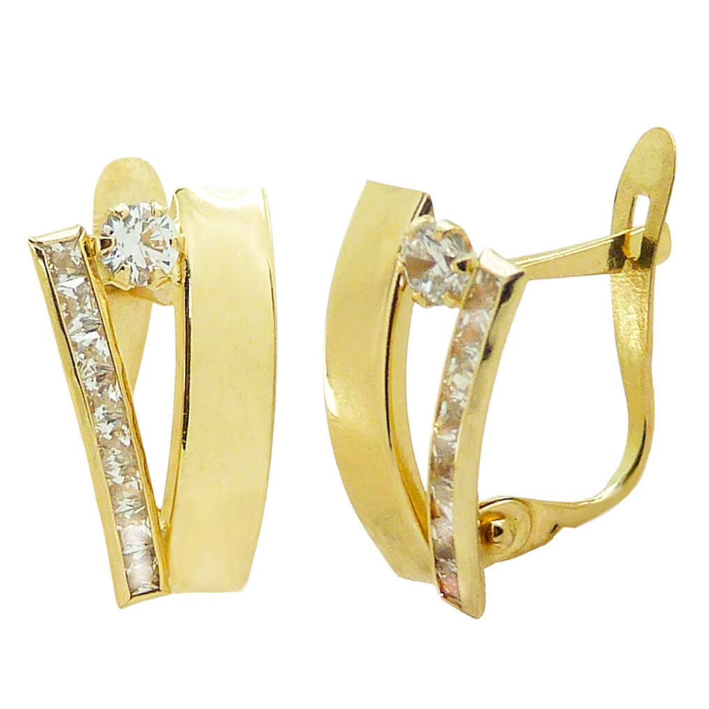 CURVED BANDS LEVERBACK EARRINGS WITH CZ.