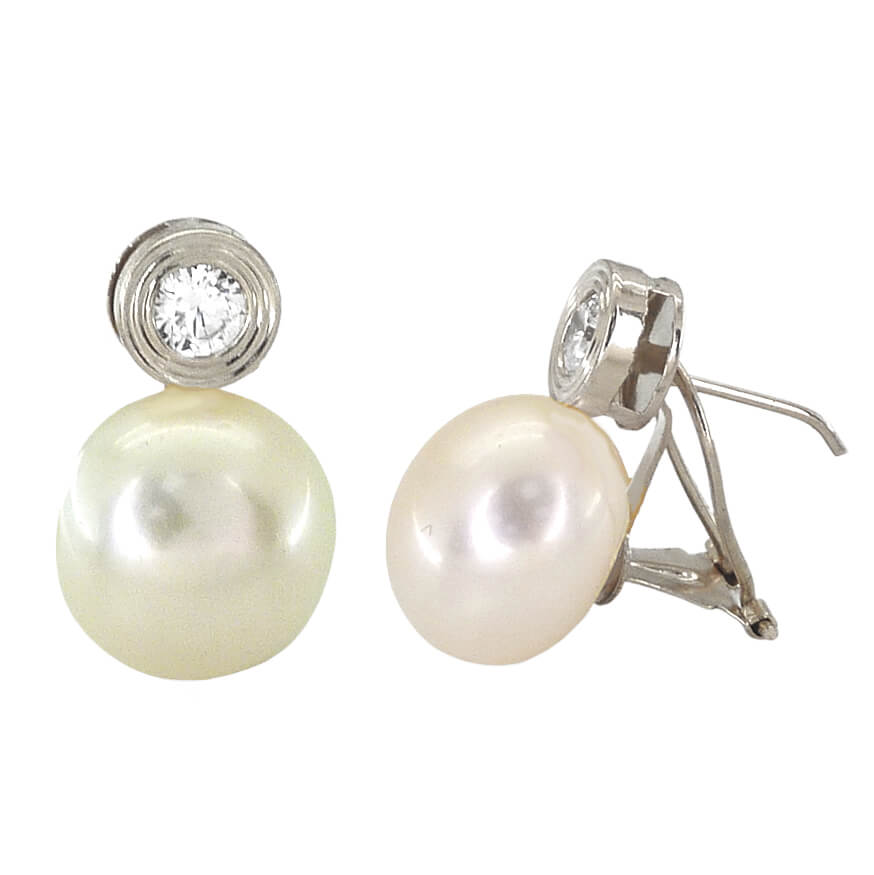 PENDIENTES CHATON ORO BLANCO 7.5MM Y PERLA DE 12MM.OMEGA Perla Cultivada