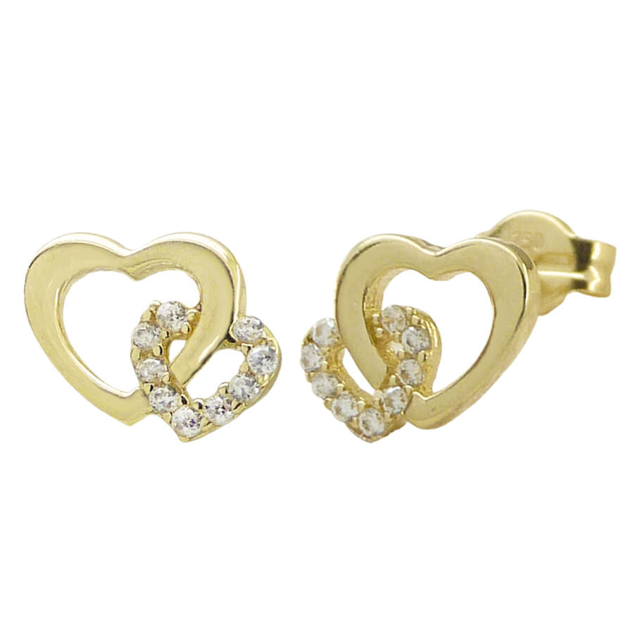 8MM DOUBLE HEART STUD EARRINGS WITH CZ.