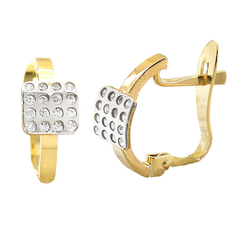 TWO TONE LEVERBACK EARRINGS WITH CZ.