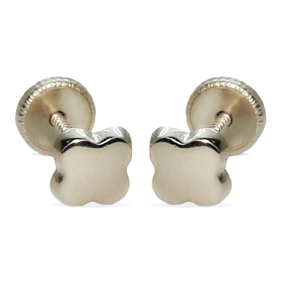 5MM QUATREFOIL WHITE GOLD STUD EARRINGS.SCREW BACK