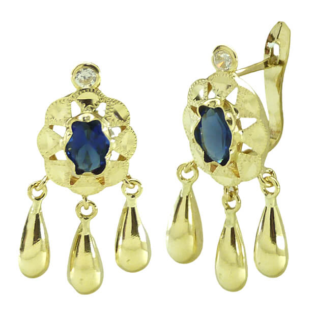 PENDIENTES CUBANA PIEDRA 6x4MM COLOR ZAFIRO Y 3 LAGRIMAS.CATALAN.20MM.