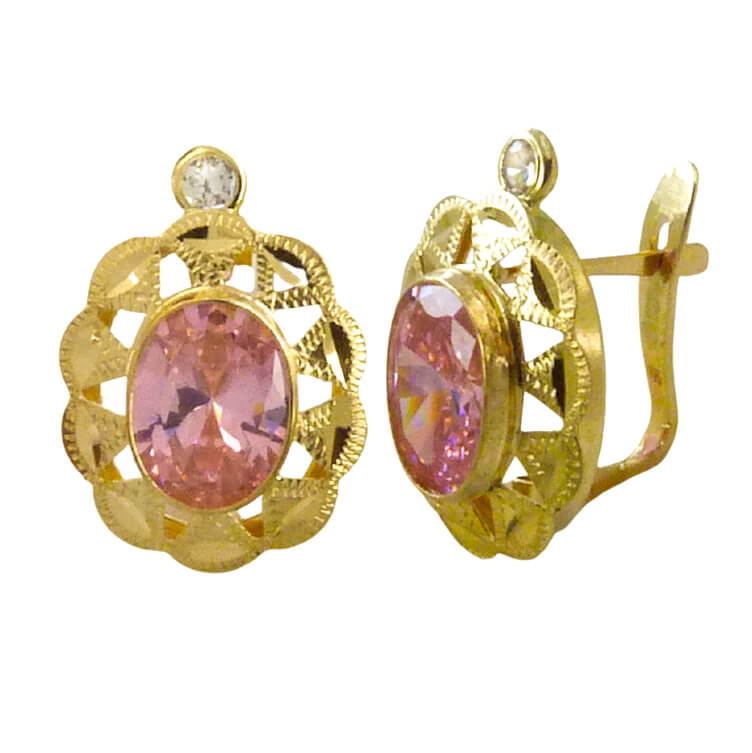 PENDIENTES CUBANA PIEDRA DE 6x4MM COLOR ROSA. 14x9MM.