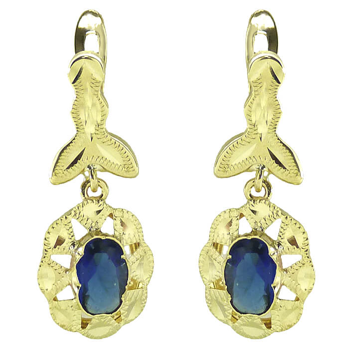 PENDIENTES CUBANA PIEDRA DE 6x4MM COLOR ZAFIRO,CON MOSCA. 22MM.