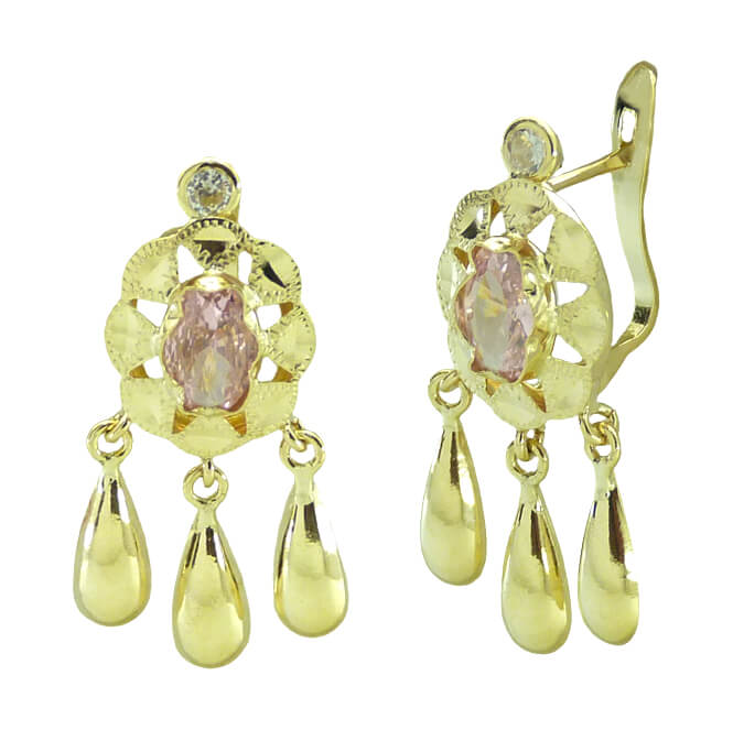 PENDIENTES CUBANA PIEDRA 6x4MM COLOR ROSA Y  3 LAGRIMAS.CATALAN.20MM.