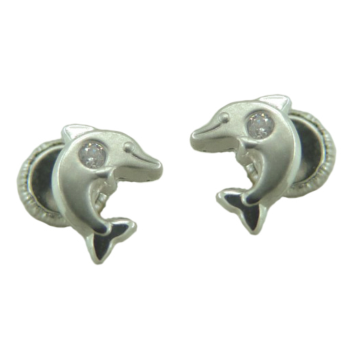 7MM WHITE GOLD DOLPHINS ESTUD EARRINGS.SCREW BACK.