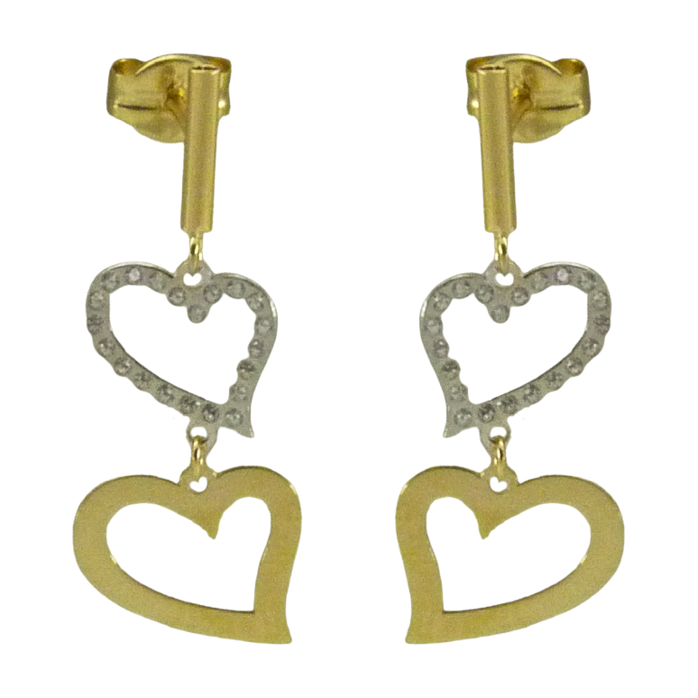PENDIENTES BICOLOR DOBLE CORAZON Y CIRCONITAS. 24MM.PRESION