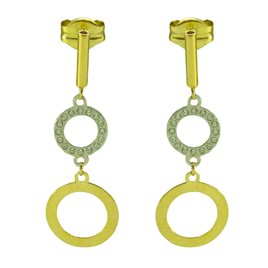 25MM TWO TONE GOLD DANGLING EARRINGS.TWO CIRCLES.