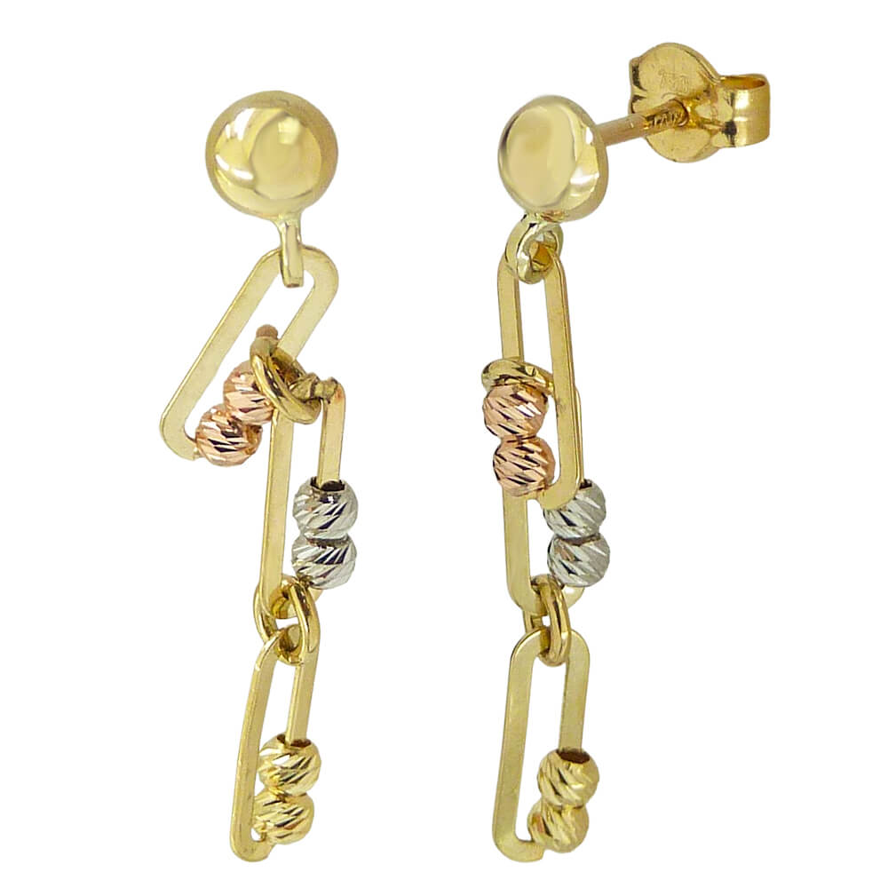 TRICOLOR GOLD BALLS AND LINKS DANGLING EARRINGS