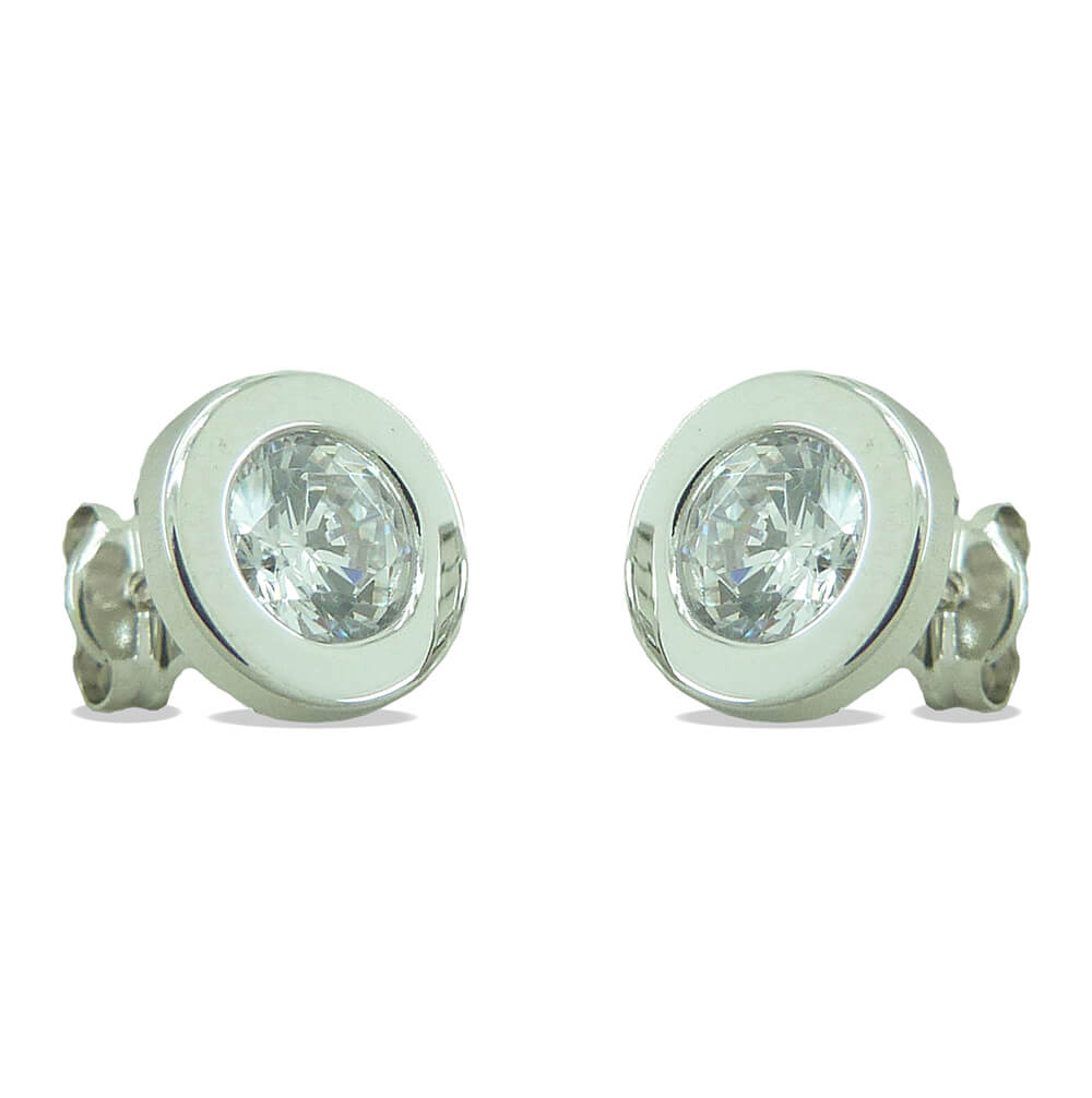 8MM  WHITE GOLD BEZEL STUD EARRINGS.PUSHBACK.