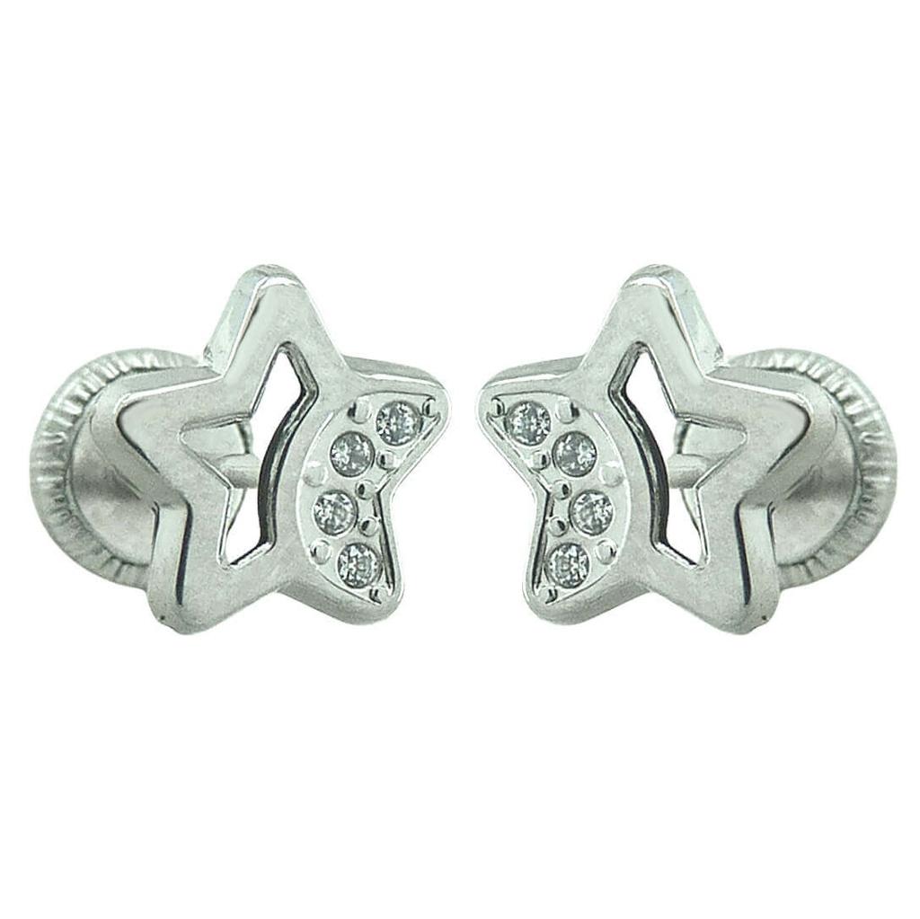 PENDIENTES ORO BLANCO ESTRELLA CALADA Y CIRCONITAS.TORNILLO.