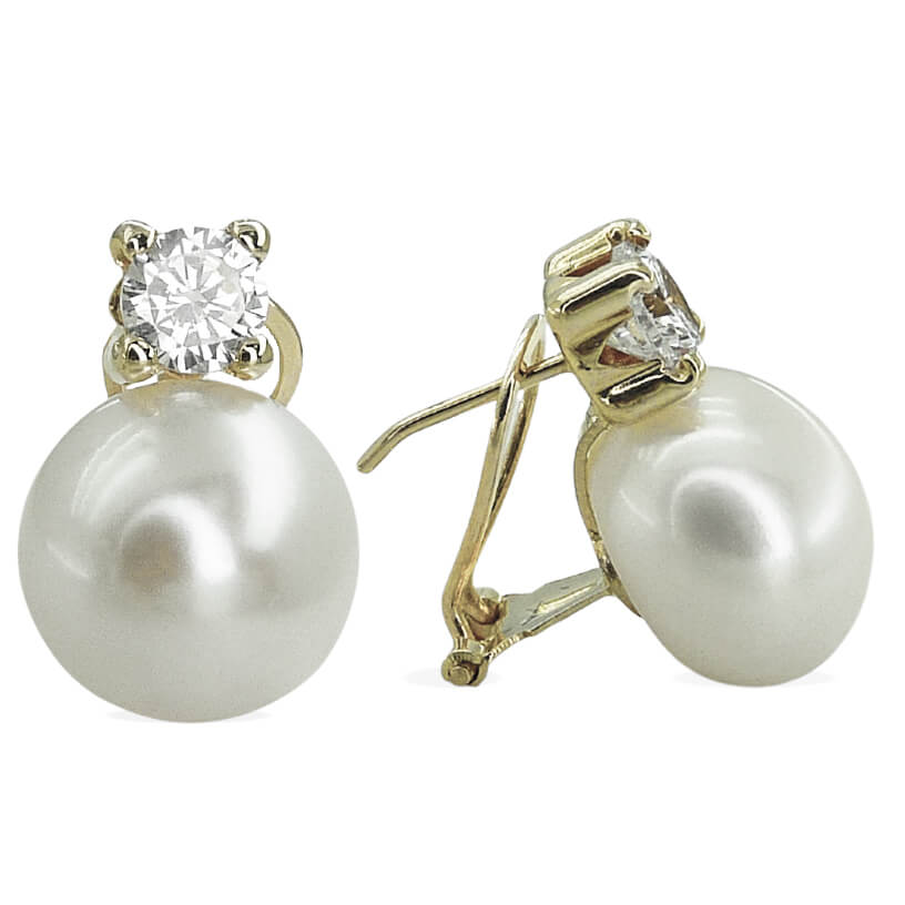 5MM CZ CLAW AND 11MM BUTTON FRESHWATER PEARL EARRINGS.OMEGA BACK.