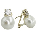 5MM CZ CLAW AND 11MM BUTTON FRESHWATER PEARL EARRINGS.OMEGA BACK.