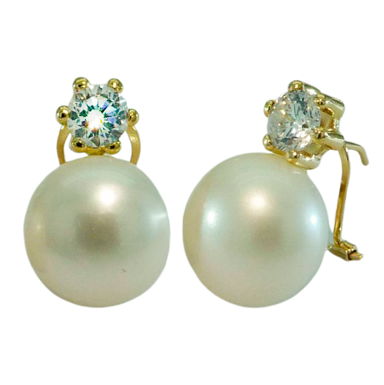 10/11 FRESHWATER BUTTOM PEARL AND CZ OMEGA BACK EARRINGS