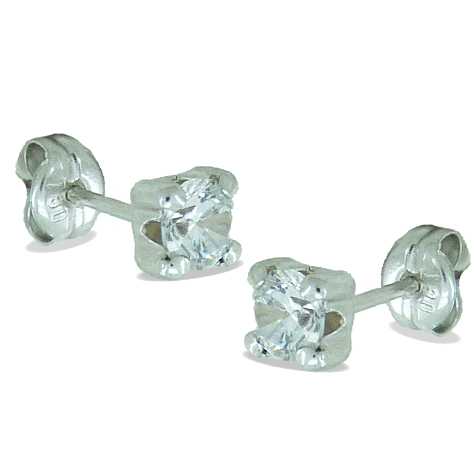 4MM CZ FOUR CLAWS STUD EARRINGS.WHITE GOLD.