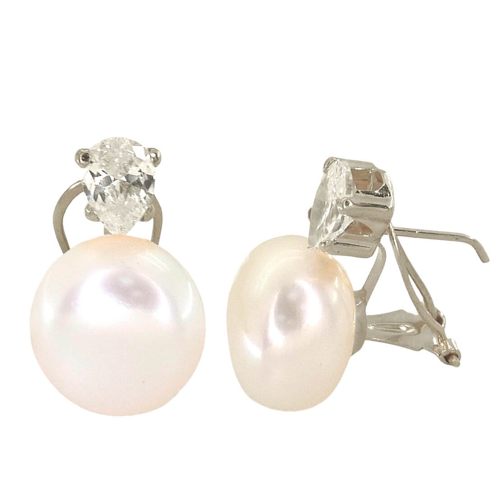 PENDIENTES LAGRIMA 7MM Y PERLA BOTON 10MM.ORO BLANCO.OMEGA. Perla Cultivada
