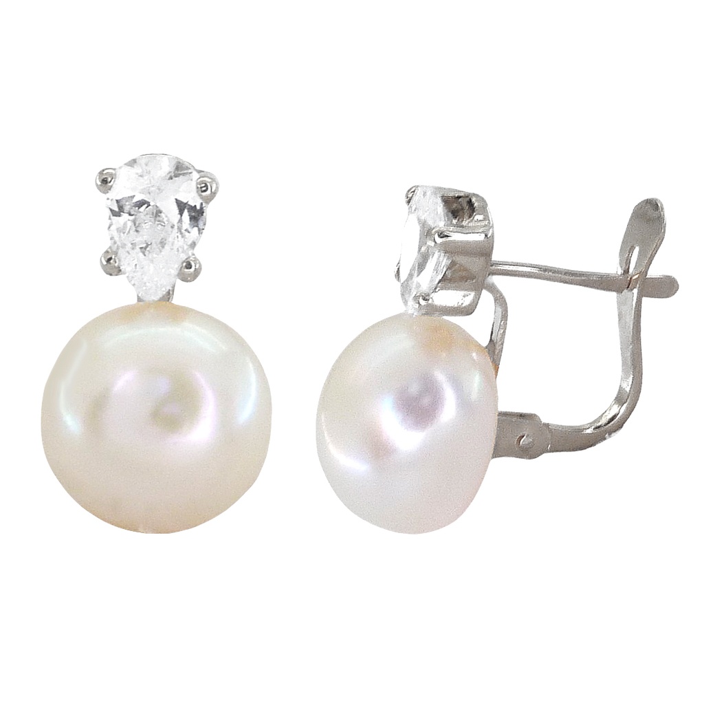 6MM CZ AND 10MM BUTTON PEARL EARRINGS.LEVERBACK.WHITE GOLD.