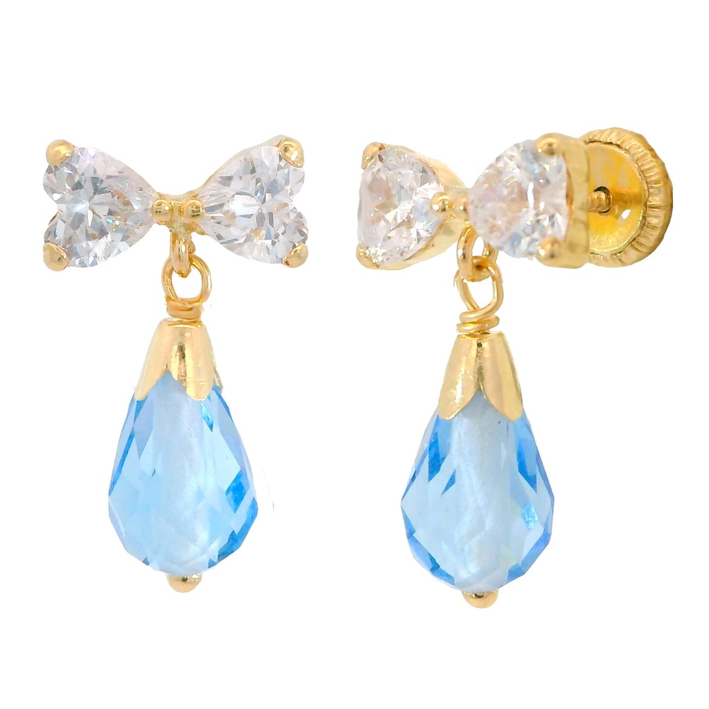 PENDIENTES LAZO DOS CORAZONES 4x4MM Y PERITA CRISTLA COLOR AGUAMARINA.