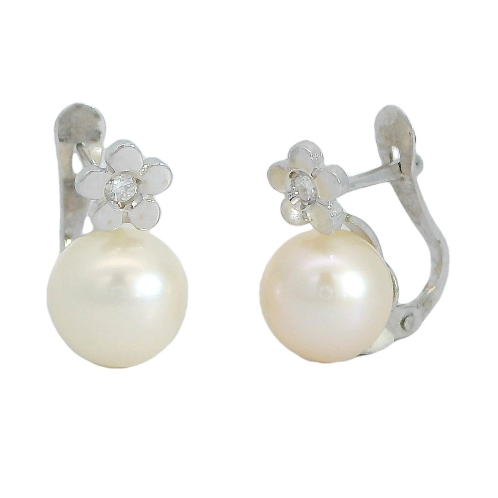 FLOWER EARRINGS WITH 1.5MM DIAMONDS H-SI 0.03 CT TW AND 7.5MM FRESHWATER PEARL.