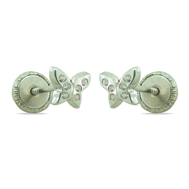 5MM BUTTERFLY STUD EARRINGS WITH CZ.WHITE GOLD.