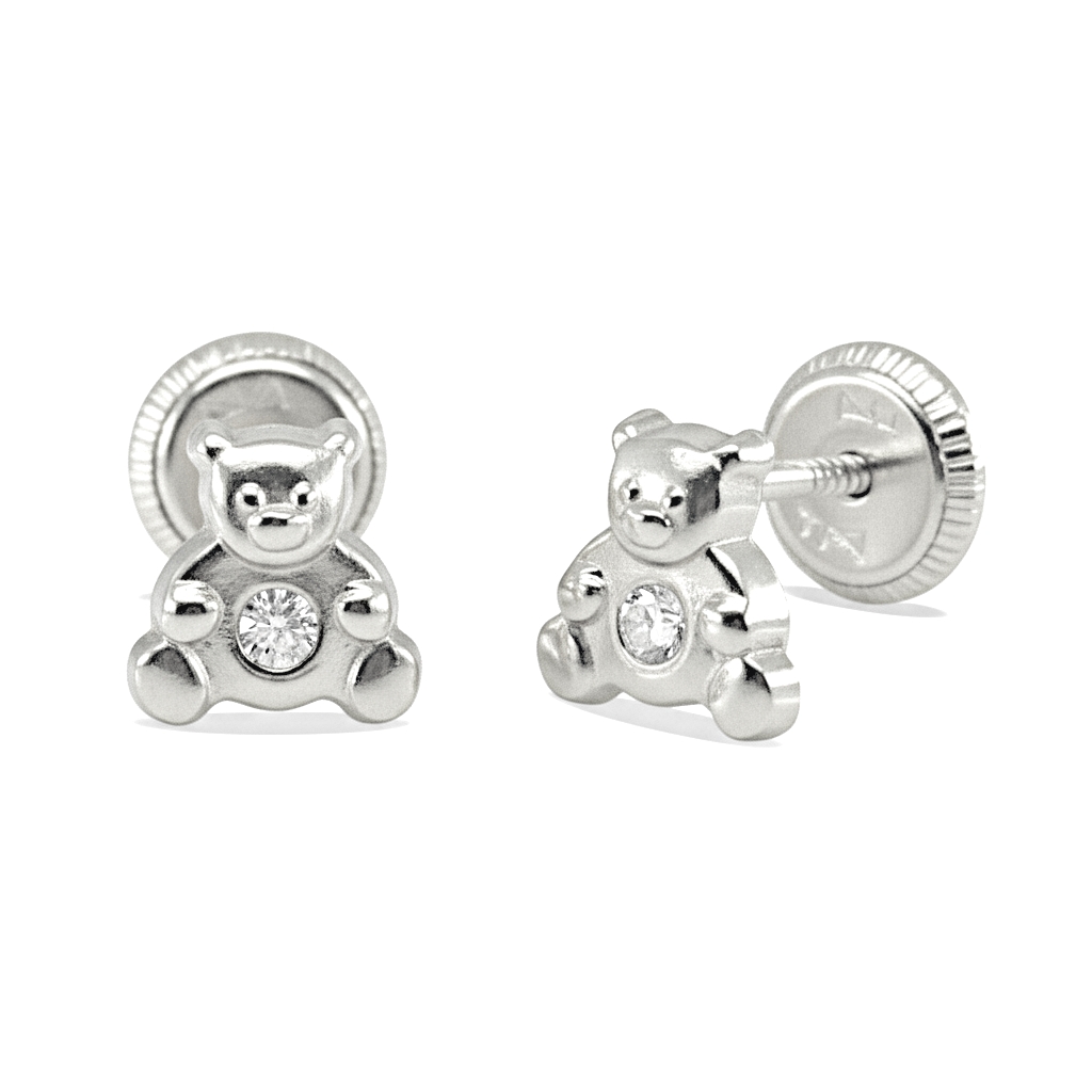 6MM TEDDY BEAR WHITE GOLD STUD EARRINGS.SCREW BACK.