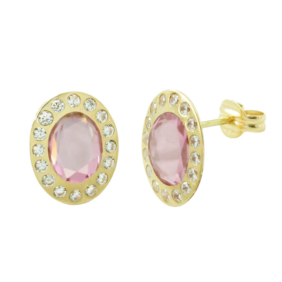 PENDIENTES OVAL 12x10MM CON PIEDRA COLOR ROSA.