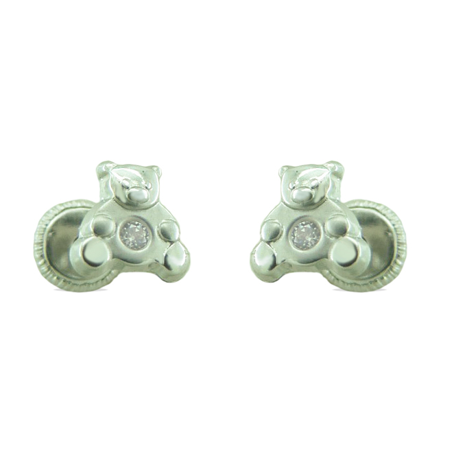 6MM TEDDY BEAR WHITE GOLD STUD EARRINGS.SCREW BACK.