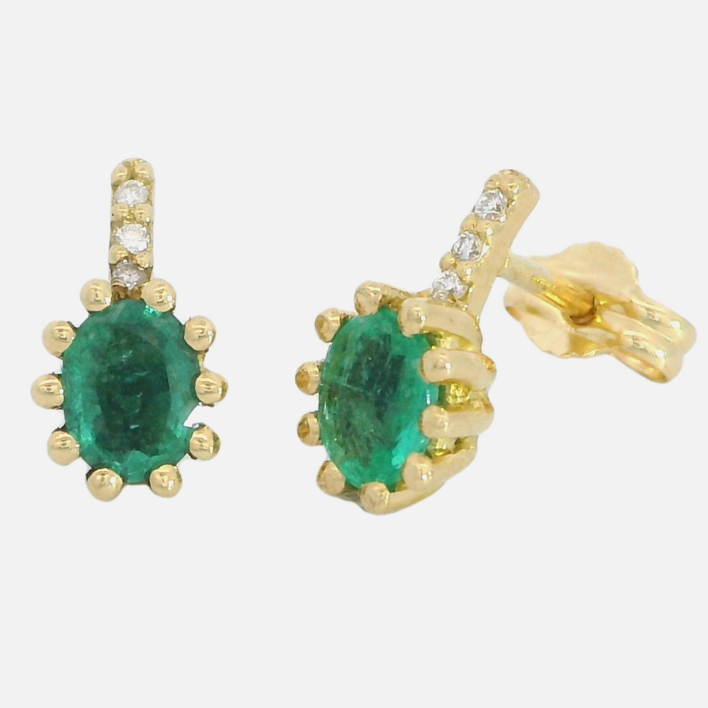 5x4MM OVAL EMERALD EARRINGS WITH 6 1MM DIAMONDS H-SI 0.03 CT TW.