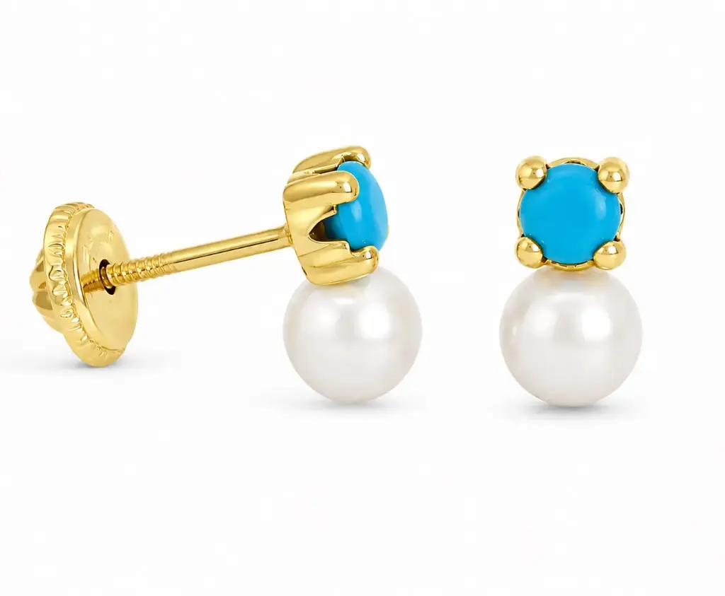 PENDIENTES PATILLA PERLA DE 3'5MM Y BOLA COLOR TURQUESA.