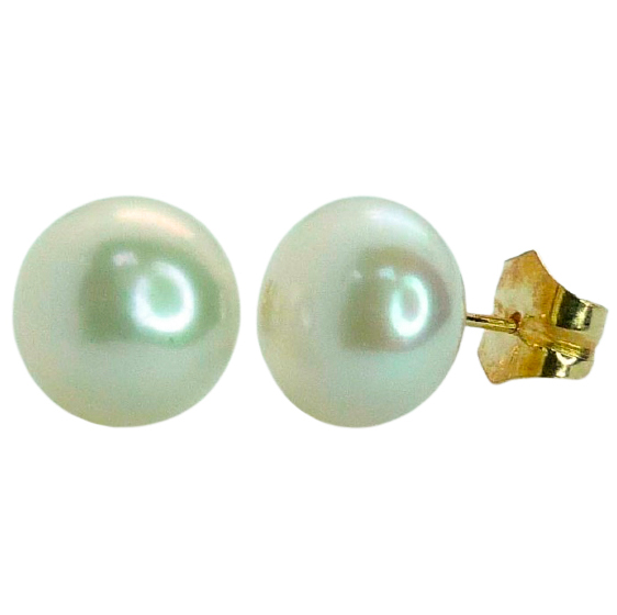 11/12MM BUTTON PEARL STUD EARRINGS.BUTTERFLY CLASP ON PIN POST.