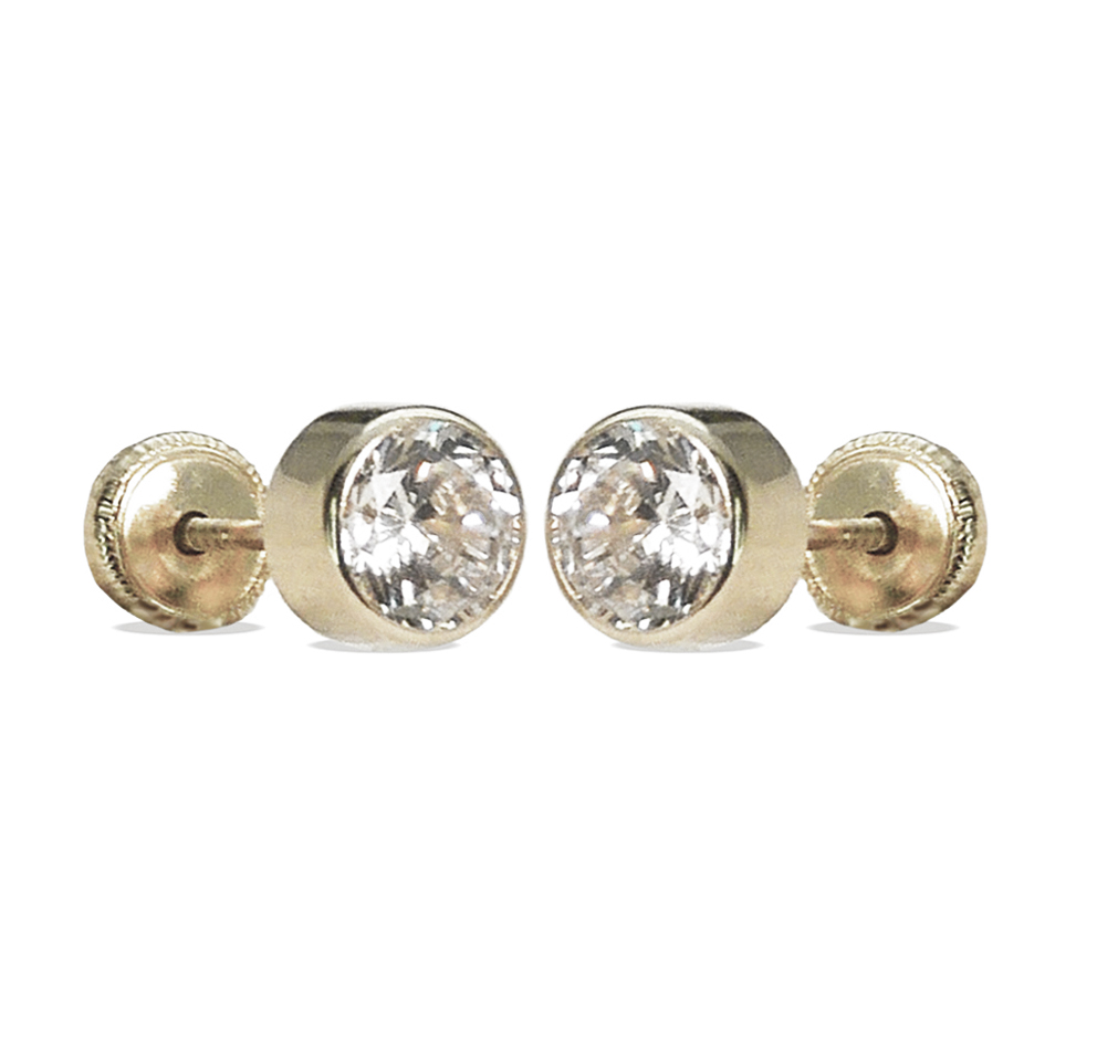 4MM BEZEL CZ SCREW BACK EARRINGS.WHITE GOLD 