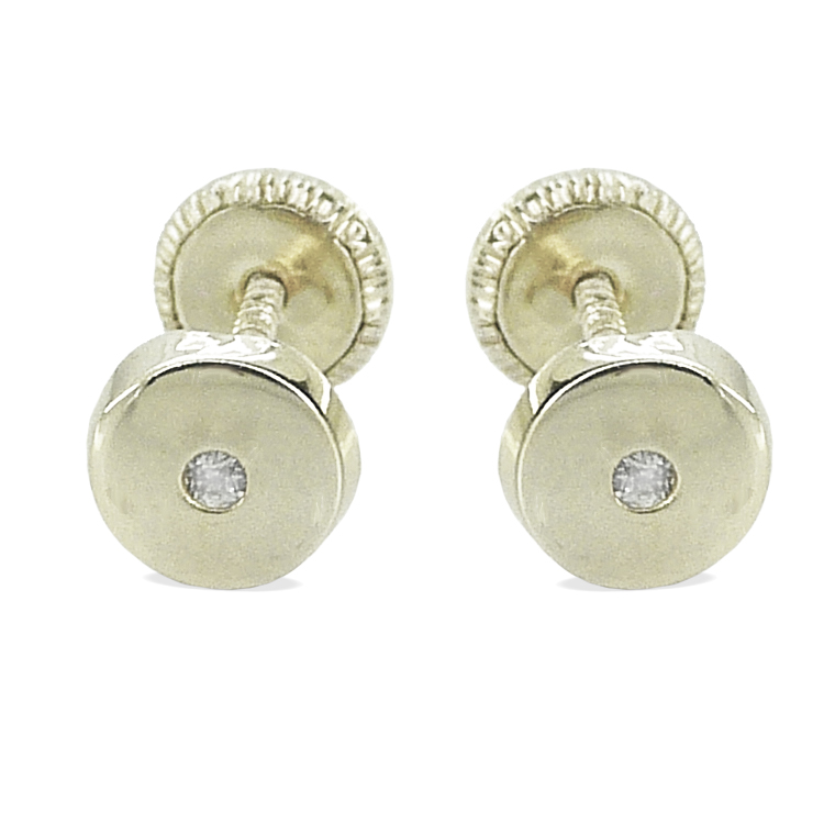 5'5MM WHITE GOLD ROUND STUD EARRINGS WITH CZ.SCREW BACK.