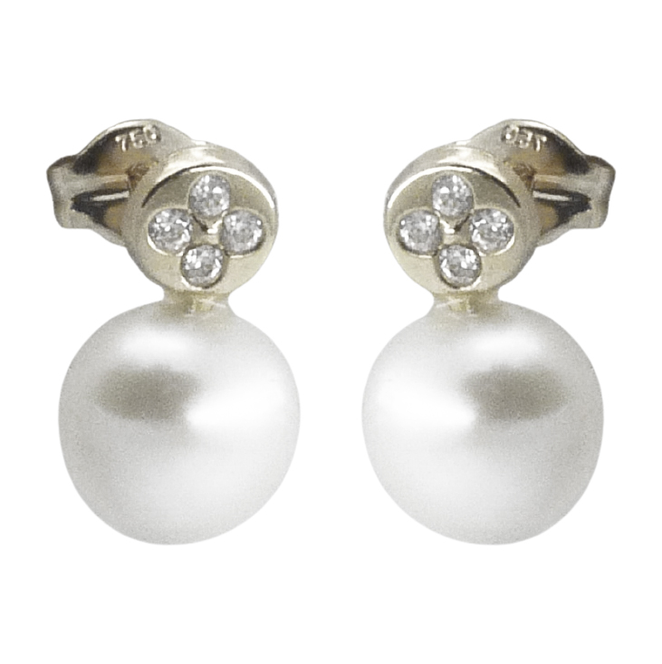 PENDIENTES REDONDOS ORO BLANCO.PERLA BOTON 7.5MM.PRESION. Perla Cultivada