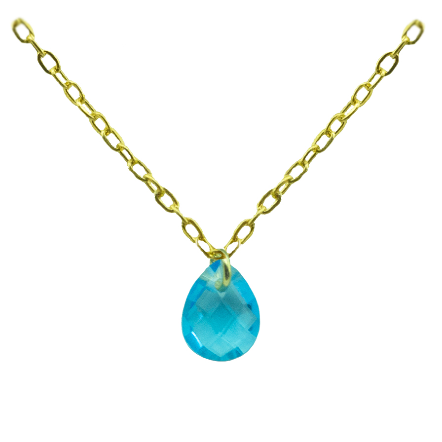 7x5MM PEAR  AQUAMARINE COLOR CZ CHARM NECKLACE.45CM CHAIN.