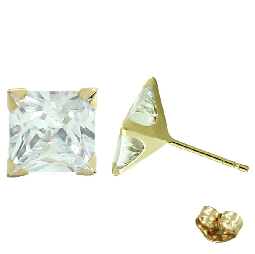 8x8MM SQUARE CZ STUD EARRINGS.PUSHBACK.