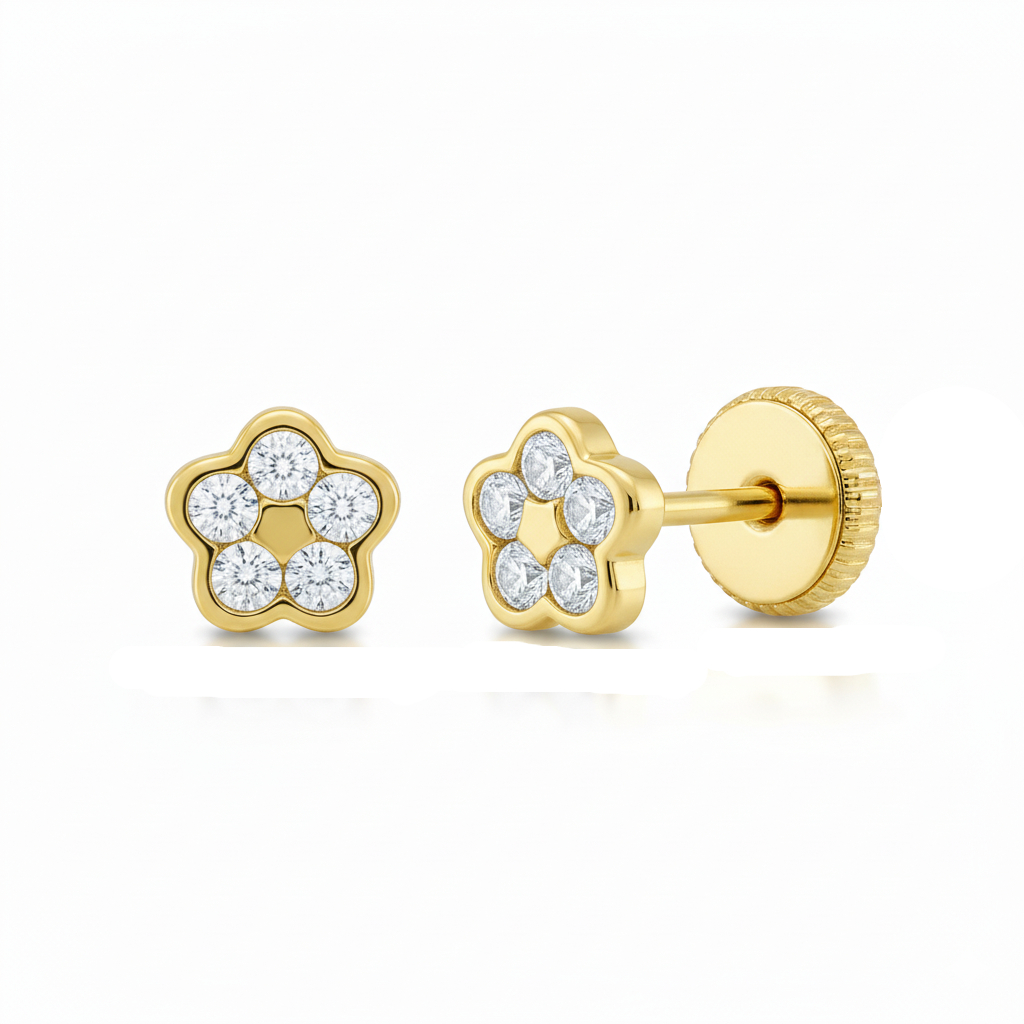 4'5MM FLOWER STUD EARRINGS WITH CZ.SCREW BACK.