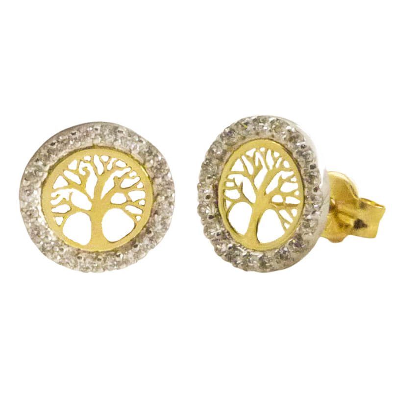 8MM TWO TONE GOLD TREE OF LIFE STUD EARRINGS.