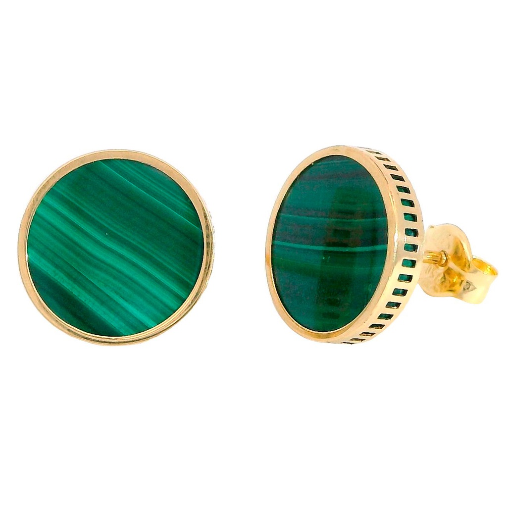 9MM ROUND MALACHITE EARRINGS.