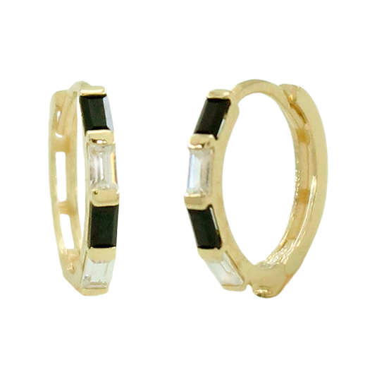 12x1'5MM BLACK AND WHITE BAGETTE CZ HOOP EARRINGS.